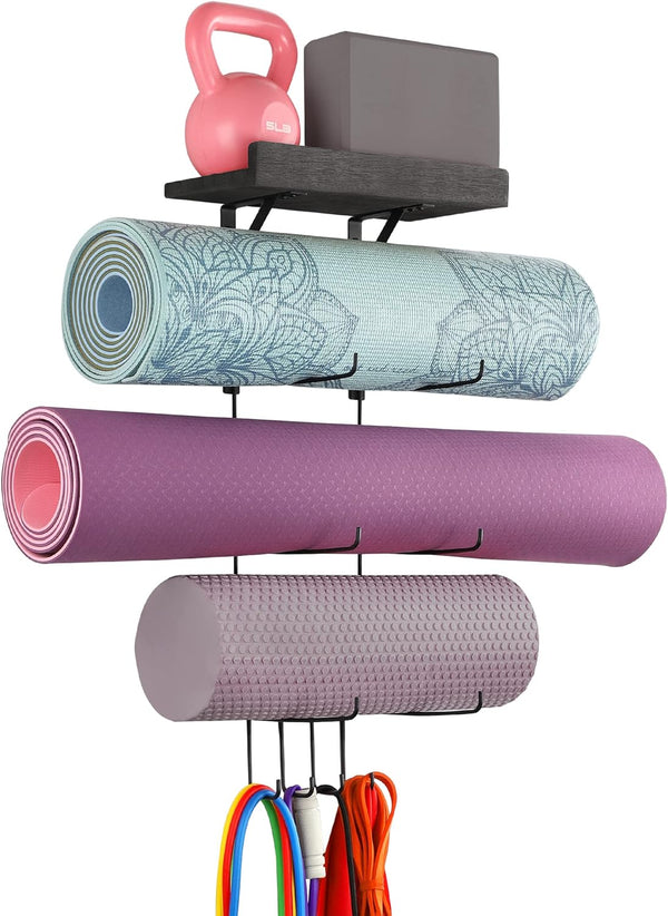 VINAEMO Yoga Mat Holder Accessories - Wall Mount Organizer with 4 Hooks and Wooden Shelves for Foam Roller and Towel