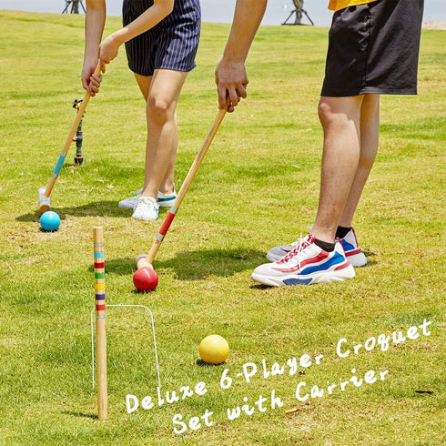 Set 28In,Colored Set ApudArmis Six Player Croquet with Premiun Rubber Wooden Mallets Ball,Wickets,Stakes - Lawn