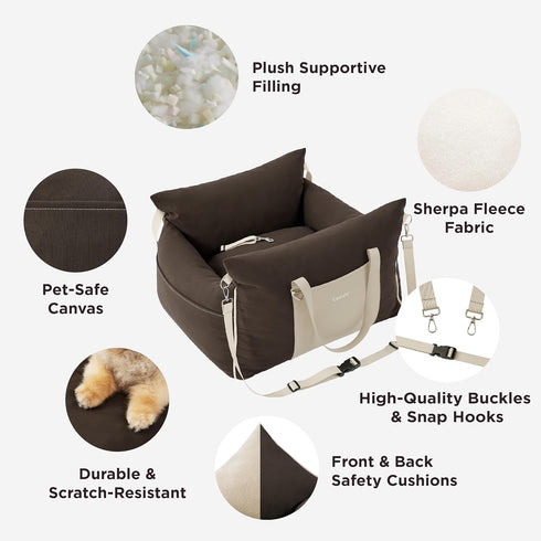 Lesure Small Dog Car Seat - Waterproof Booster Seat with Storage Pockets and Clip-On Safety Leash, Brown