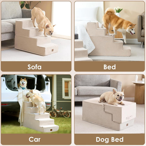 EHEYCIGA 3-Step Dog Stairs for Small Dogs, 13.5" H Non-Slip Indoor Ramp for Couch and Chair, Beige