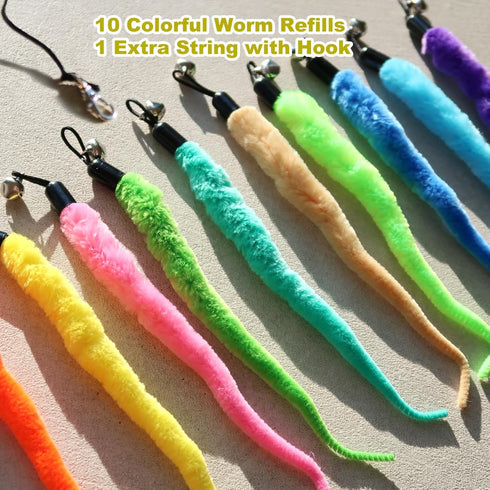 10PCS Cat Worm Toy for Cats - Cat Wand Toy Accessories and 1PC Black String for Cat Fishing Pole Teaser Kit