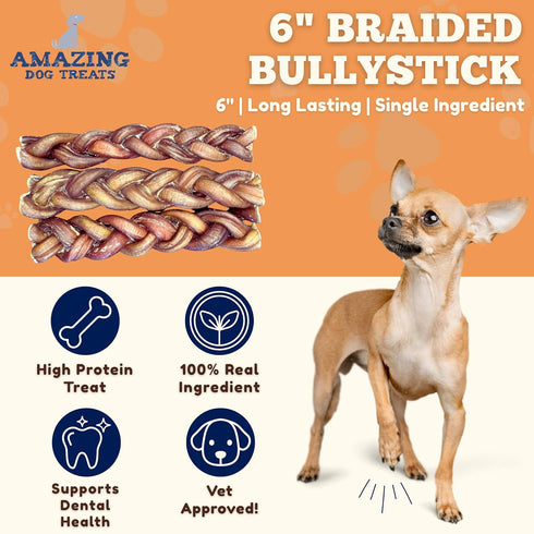 6" (5 Pcs/Pack) Amazing Dog Treats Braided Bully Stick Bully Stick for Dogs - Made from Premium Grass Fed Beef
