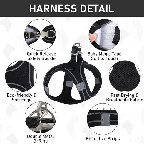 GAMUDA Small Dog Harness Collar and Leash Set - Step in No Choke No Pull Soft Mesh Vest (Black, S)