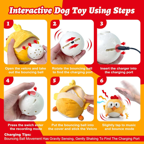 GUKCO Interactive Dog Toys, Squeaky Moving Ball Toy with Jumping & Music Modes, Rechargeable Plush Chew Toys