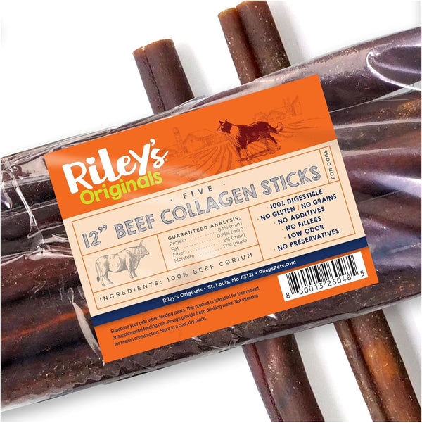 Riley's 12 Inch Beef Collagen Sticks for Dogs, Collagen Chews for Dogs,
