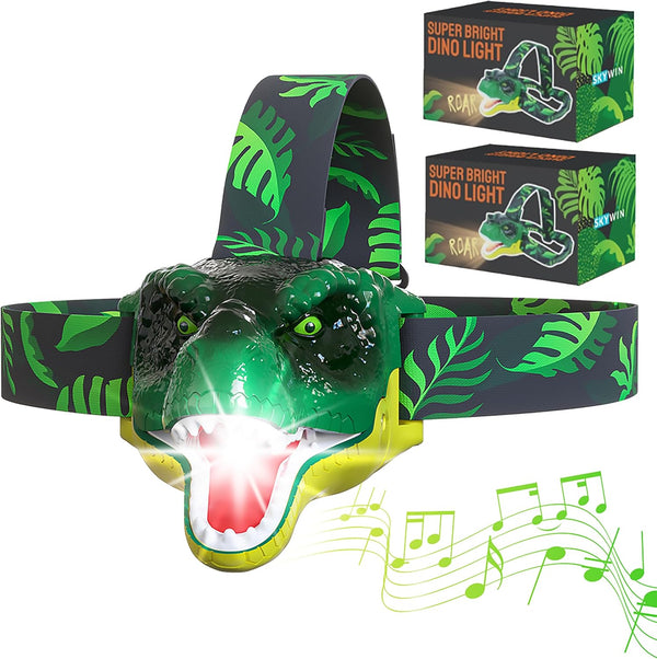 Skywin Kids Headlamp, 2 Pack Dinosaur Headlamp for Kids, Squeeze Mouth to Switch, Adjustable Strap for Camping