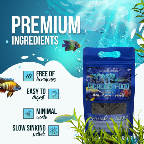 RON'S CICHLIDS African Cichlid Fish Food, Premium Tropical Pellets with Protein, Veggies & Fruits for Healthier Fish