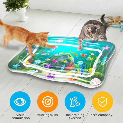 Summer Interactive Cat Toys for Indoor Cats, Upgraded Cat Water Mat with Floating Fish - Durable Sensory Play Mat