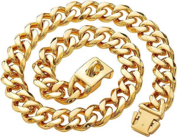 txprodogchains Big Dog Chain Collar - Heavy Duty 19MM Thick Wide Stainless Steel Metal 18K Gold Cuban Link for Large