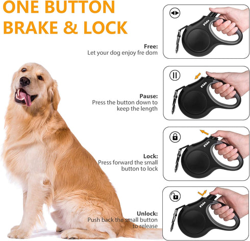 Fida 16 ft Retractable Dog Leash with Poop Bags Dispenser, Anti-Slip Handle for Medium Dogs or Cats up to 44 lbs (Black)