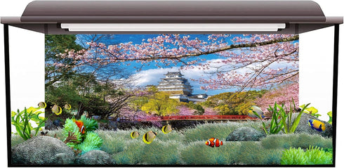 AWERT 24x16 inches Spring Nature Aquarium Background Spring Pink Flowers Cherry Japanese Temple Fish Tank Background Vinyl Background