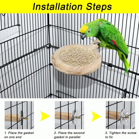 ASOCEA Bird Perch with Feeding Cups, Parrot Wood Stand Toy, Bird Cage Accessory with Stainless Steel Bowls