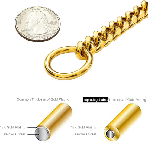 txprodogchains 18K Gold Chain Dog Collar, 10MM Cuban Link Stainless Steel for Small Medium Large Dogs