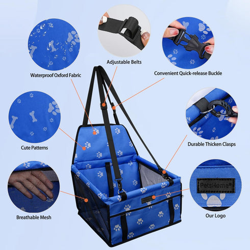 PetsHome Foldable Dog Car Seat with Removable Thick Mat, Waterproof Oxford Travel Bag for Small to Medium Dogs, Pattern