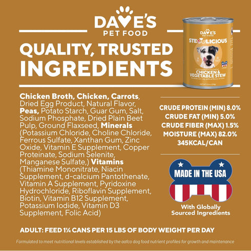 13.2 oz (12 Pack) Dave's Pet Food Stewlicious Grain Free Wet Dog Food (Chicken & Vegetable in Gravy), Made in USA