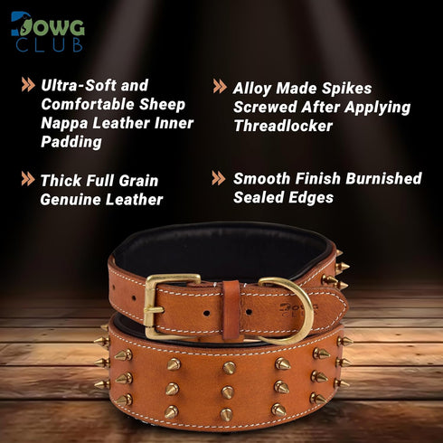 Genuine Leather Spike Dog Collar, Heavy Duty, Full Grain, 2" Wide, Brown with Gold Spikes (L, 18.5"-22.5")