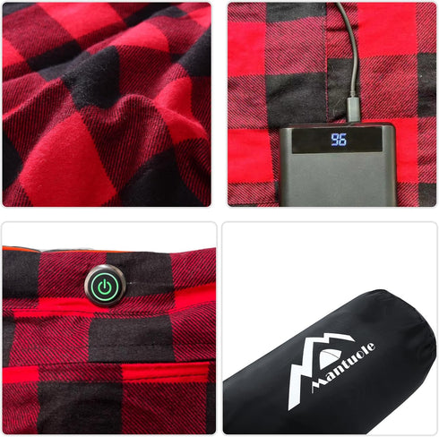 Heated Sleeping Bag Pad, Heated Sleeping Bag Liner with Type-C Input, 5 Heating Zones, Black & Red Flannel