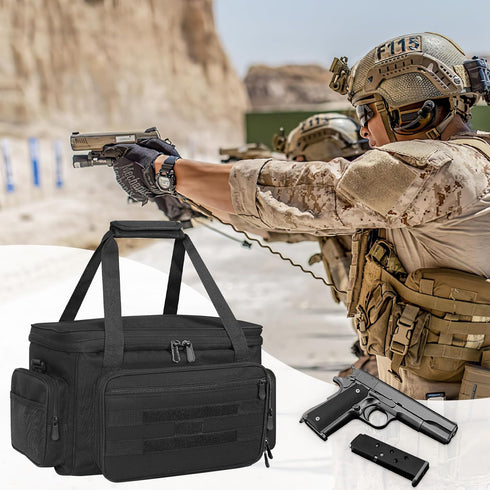 ORKELS Gun Range Bag for 4 Handguns and Ammo, Pistol Shooting Bag with Magazine Slots
