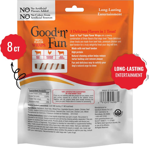 8 Count GOOD 'N' FUN Triple Flavor Wraps with Beef Tendon Chews, High-Protein Dog Treat for All Adult Dogs, Made
