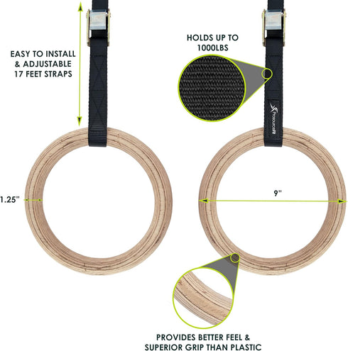 ProsourceFit Wooden Gymnastics Rings with Straps for Total Body Conditioning