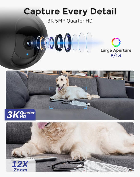 Hugolog 3K 5MP Indoor Pan/Tilt Security Camera with Auto-Focus,Ideal for Baby Monitor/Pet Camera/Home