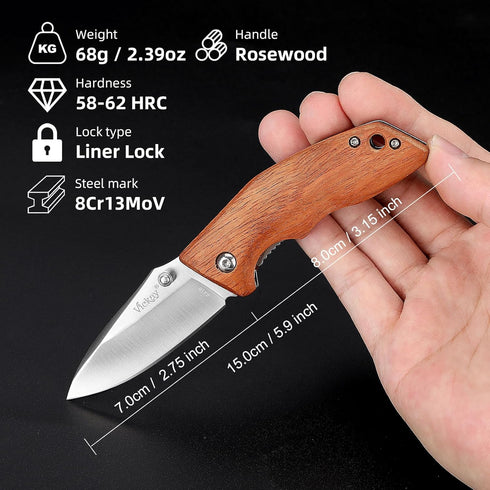 Vickay Wood Handle Pocket Knife, 2.75” 8Cr13MoV Stainless Steel Blade, EDC Knife for Hunting, Camping, Hiking, and Everyday Carry, 3.38” by Vickay