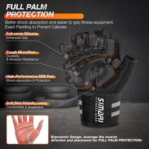 SIMARI Workout Gym Gloves for Men Women, Weight Lifting Gloves with Wrist Wrap Support, SBR Pad Grip for Full Palm