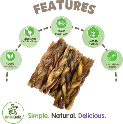 Nature Gnaws Braided Pork Bully Sticks for Dogs, 5-6" (20 Count), Natural Bacon Chew Treats