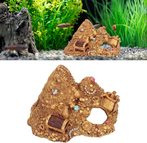Aquarium Decoration Cave, Gold Mountain Simulation Resin Hideouts for Freshwater and Saltwater, 4.3 x 4.7 x 5.9 inch