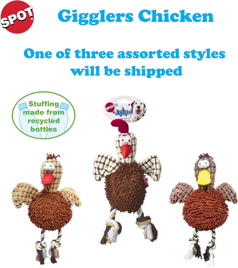 SPOT 12" Gigglers Chicken Dog Toy with Giggle Sound, Textured Plush Tug Toy with Rope Legs, for Small and Medium Dog