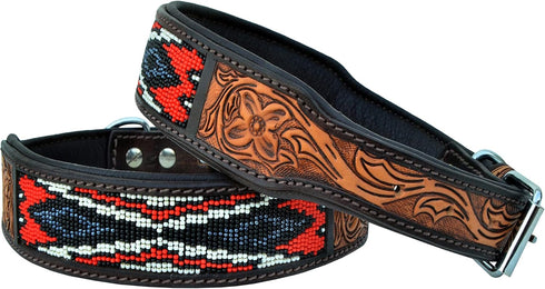 Leather Dog Collar, Western Style Heavy Duty Hand Tooled Adjustable Beaded and Padded for Puppies and Big Dogs