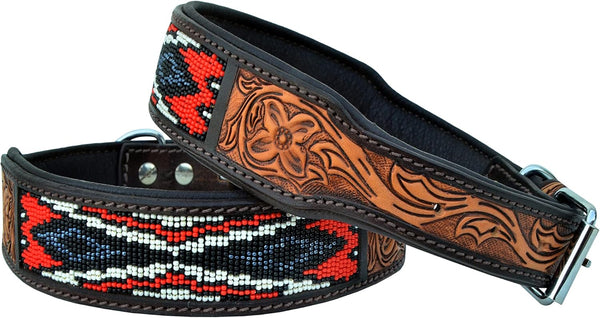Leather Dog Collar, Western Style Heavy Duty Hand Tooled Adjustable Beaded and Padded for Puppies and Big Dogs