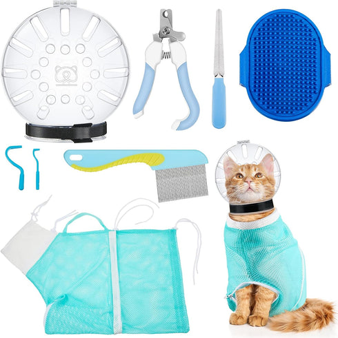 8 Pcs Cat Muzzle Set with Adjustable Cat Bathing Bag Breathable Clear