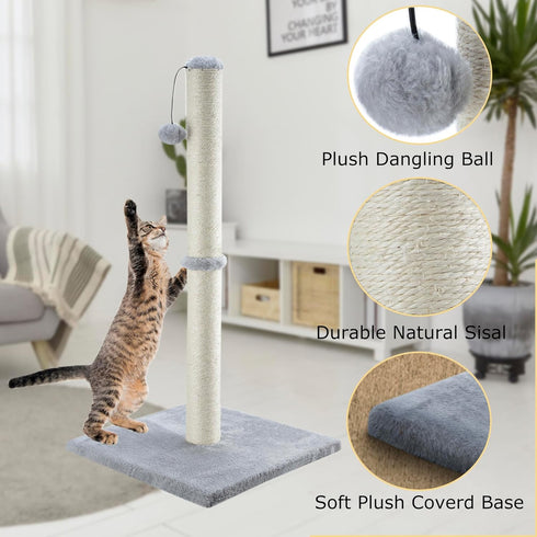34” Tall Cat Scratching Post, Basic Vertical Scratcher with Sturdy Sisal Rope and Hanging Ball, Plush Base (Grey)