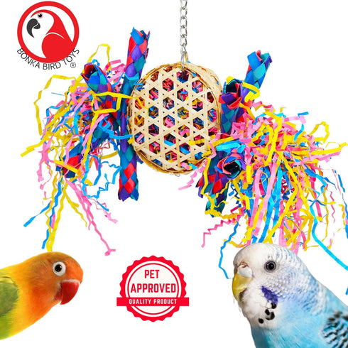Bonka Bird Toys 1721 Round Basket Bamboo Paper Crinkle Beak Feet Hanging Forage Stuffed for Parrots