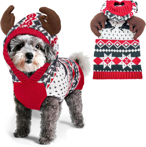KYEESE Dog Christmas Sweater Hoodie with Leash Hole, Reindeer Snowflake Red Knitwear for Small Dogs, M