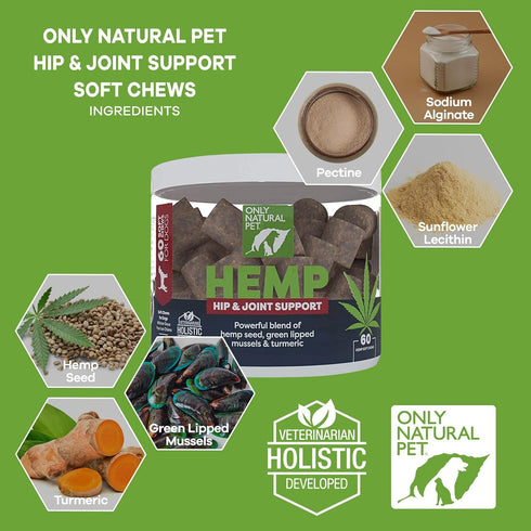 Inflammatory 60 Count Only Natural Pet Hemp Hip & Joint Support for Dogs - Supplement for Mobility Wellness Pain Relief