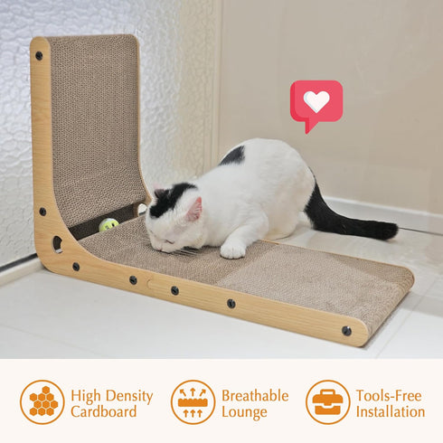 Cat Scratcher Board, L Shape Cat Scratch Pad for Indoor Cats, Floor Mounted Cardboard with Ball Toy