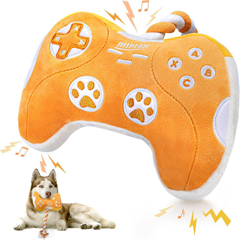 Interactive Plush Dog Toy: Squeaky Dog Toys with Crinkle Paper, Gaming Controller Shape, Rope Toys for Puppy, Small,