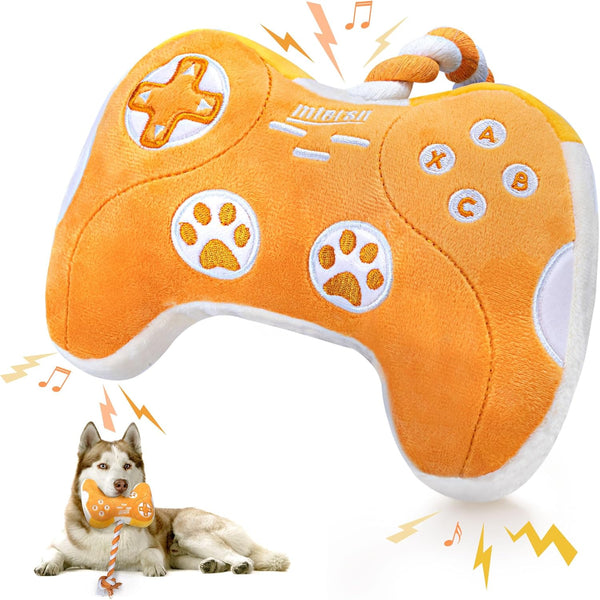 Interactive Plush Dog Toy: Squeaky Dog Toys with Crinkle Paper, Gaming Controller Shape, Rope Toys for Puppy, Small,