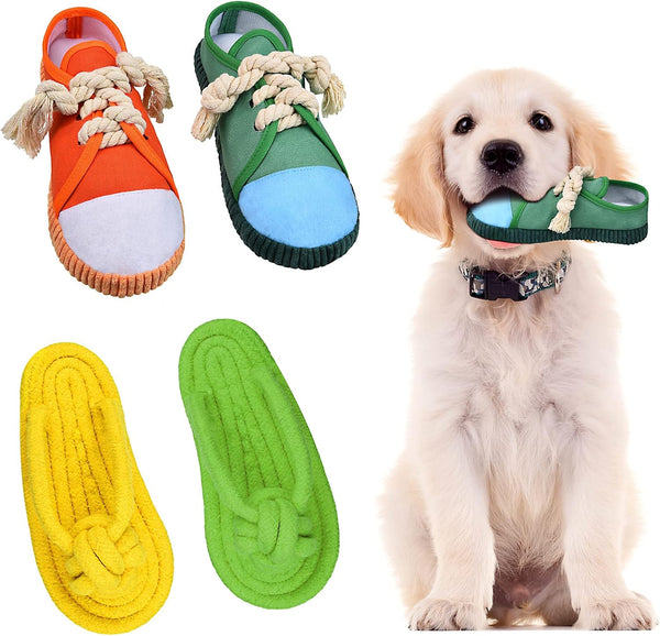 Zhanmai 4 Pieces Dog Shoe Chew Toys, Durable Puppy Squeaky Mini Sneakers Decoy Sandal Plush Toys (Green, Orange, Yellow)