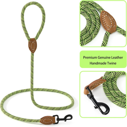 Mile High Life Mountain Climbing Dog Rope Leash - Heavy Duty Metal Clasp, Genuine Leather, Lime Green