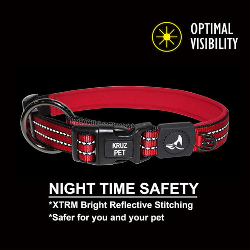 KZV006-08XL Reflective Dog Collar, Adjustable 100% Nylon Pet Neck Collar, Heavy Duty O-Ring, Soft Neoprene Padding -