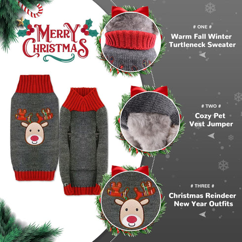 PETCARE Reindeer Christmas Dog Sweater, Gray Cat Sweater Vest, Holiday Dog Clothes for Small Medium Large Dogs