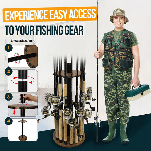 Rush Creek Creations 16 Round Fishing Rod Rack - Dark Walnut Fishing Pole Holder and Storage