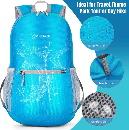 ZOMAKE Ultra Lightweight 20L Hiking Backpack, Packable Water Resistant Daypack for Women & Men (Light Blue)