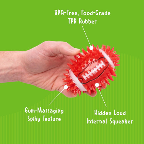 4.5" Gnawsome Spiky Squeak & Light Football for Dogs - Durable, Rubber Bouncy Puppy Fetch & Chew Toy for Your Pet