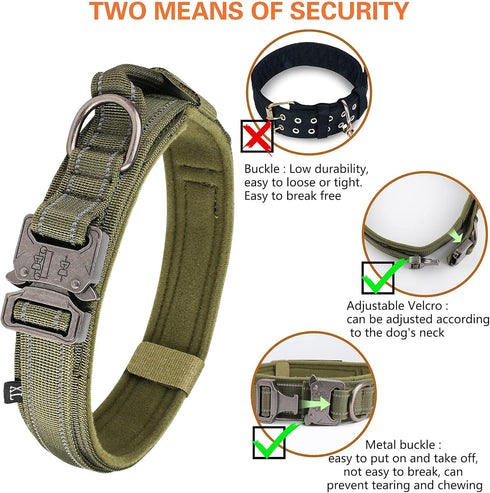 KCUCOP Tactical Dog Collar for Medium & Large Dogs - Heavy Duty Military Nylon with Handle, Reflective Strip & Metal