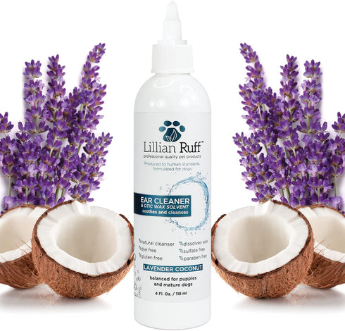 Lillian Ruff Ear Cleaner & Otic Wax Solvent for Dogs - Coconut and Lavender Scent - Dissolve Wax and Combat Ear Odors -