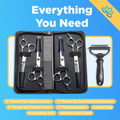 7 1 Set Equinox Dog Grooming Scissors & Deshedder - in Pet Grooming Scissors with undercoat brush - Curved Dog Scissors